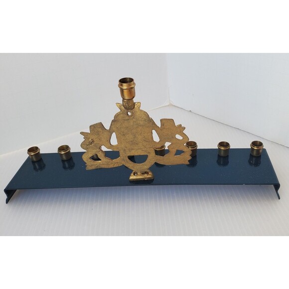 MENORAH Candle Holder JUDAICA Jewish Chanukah Hanukkah VTG Brass Lions Blue Mini - Picture 6 of 9